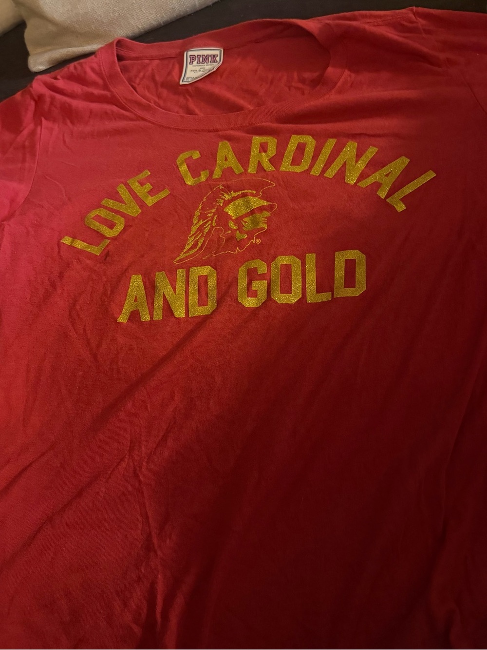 Vintage USC PINK Victoria's Secret Red Tee with Gold 'Love Cardinal and Gold'